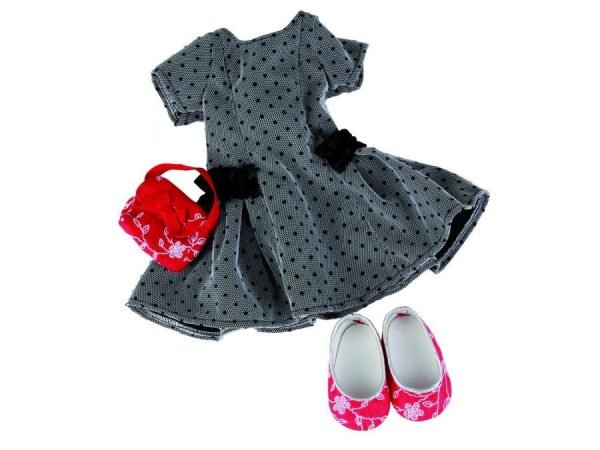 Robe grise, avec chaussures rouges et sac pour poupées 45 - 50 cm - Gotz